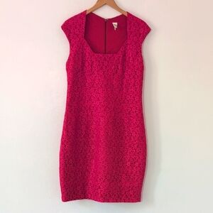 Sangria Lace Cap Sleeve Fitted Stretch Sheath Midi Dress Fuschia Pink Sz 14